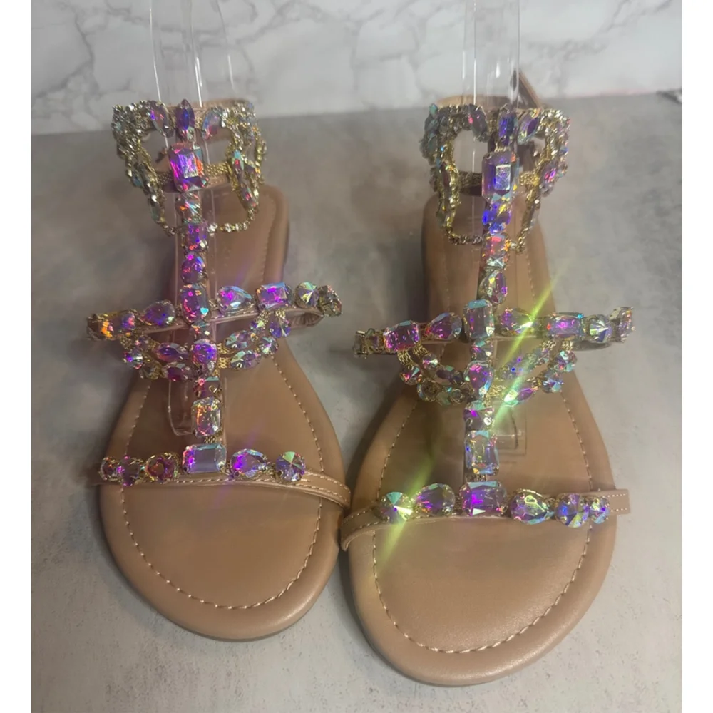 Women's Thalia Sodi Beige Iridescent Embellished Flat Sandals Size 6